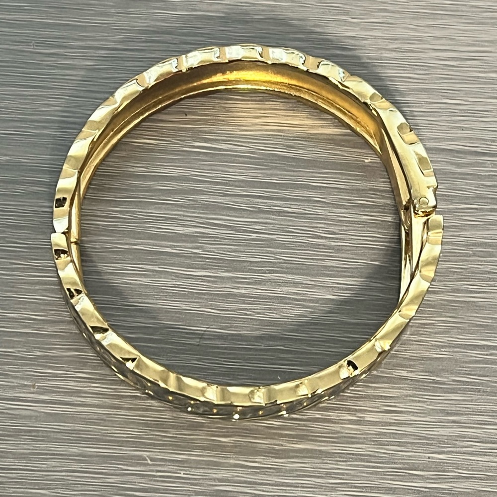Vintage Gold and Gray Enamel Hinged Bangle Bracelet with Circular Pattern - Picture 4 of 6